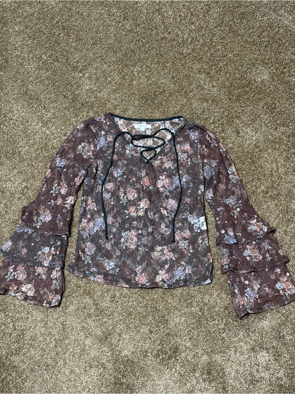 Takara Brown Floral Lace-Up Bell Sleeve Blouse